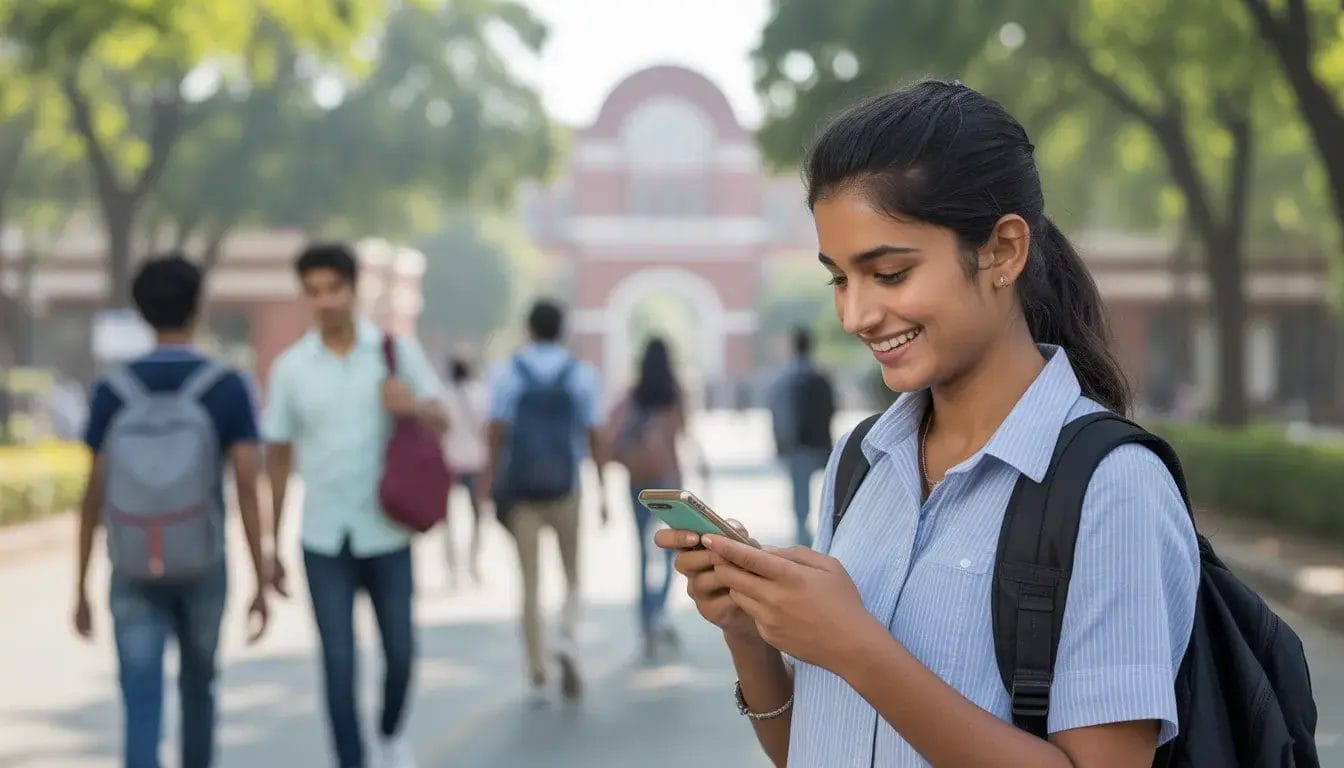 Female student using a mobile app to search for nearby student accommodation and rental rooms outside an Indian college gate.