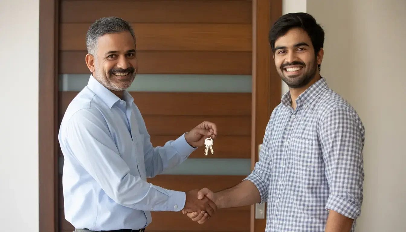 Trusted local property owner handing over safe rental house keys to a happy engineering student tenant.