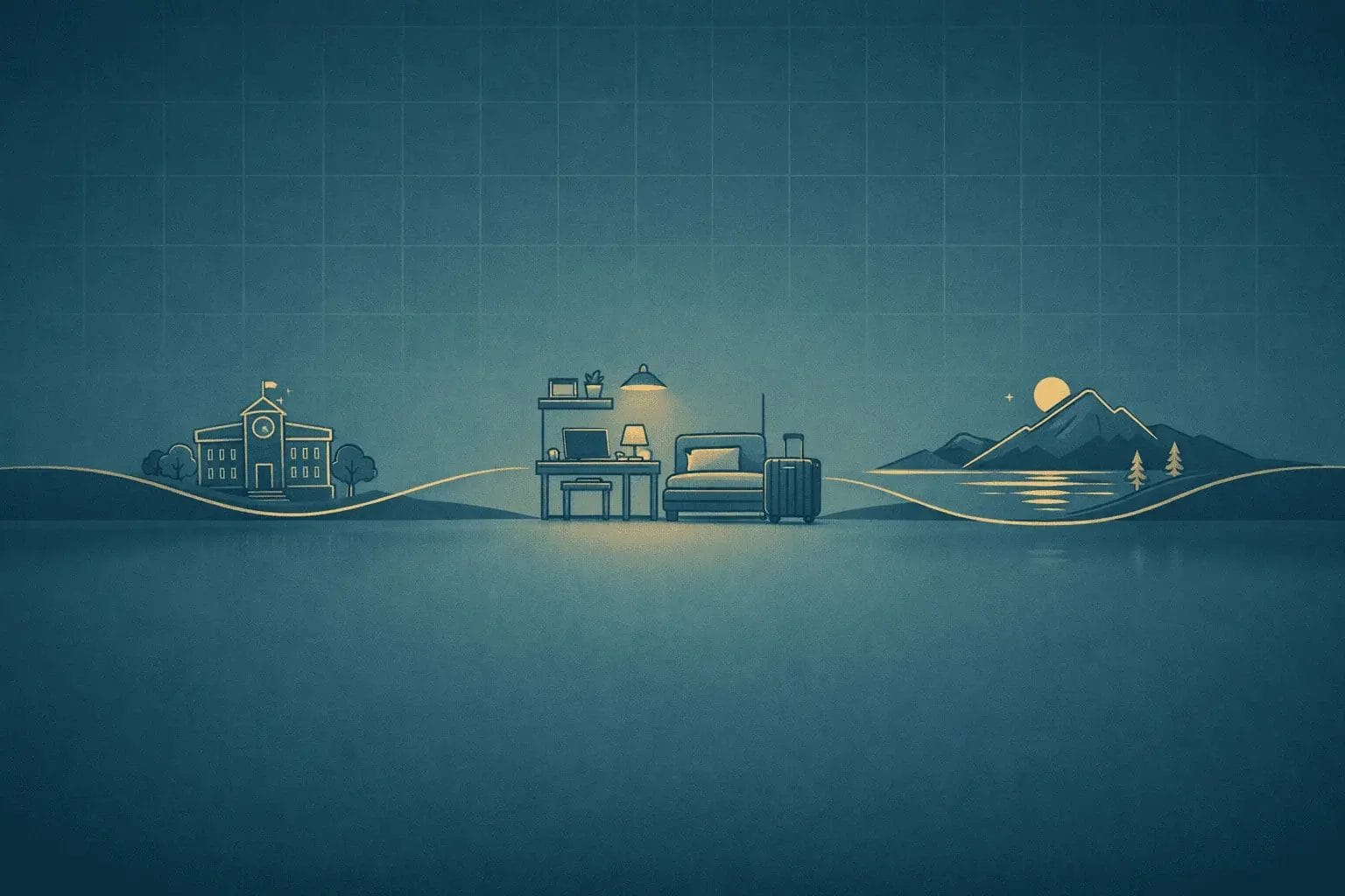 Deep teal and slate background with a light calendar-grid texture and a gentle path line, hinting at stability and longer access, with central negative space for text.