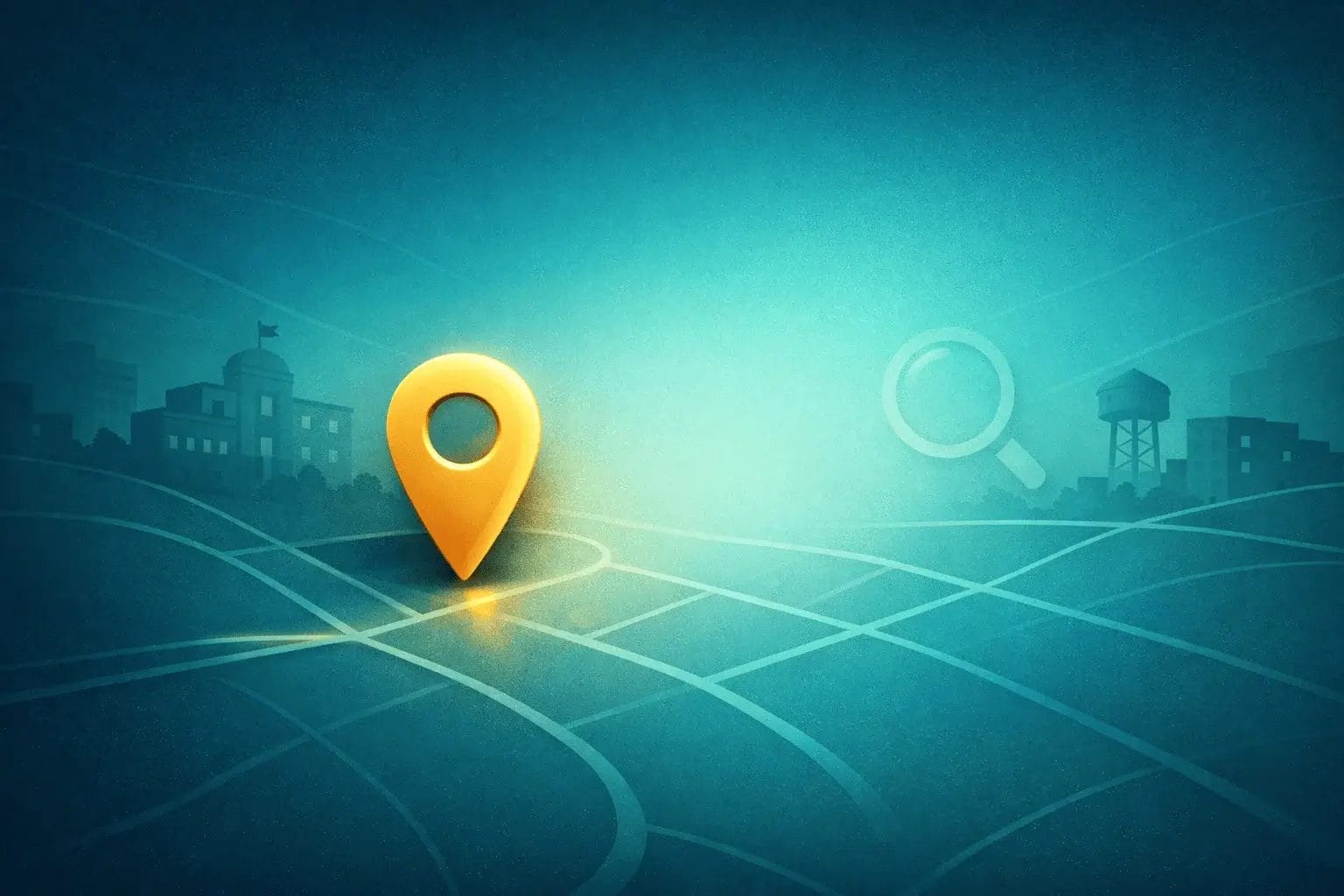 Abstract teal gradient background with faint map lines, a location pin shape, and subtle building outlines, leaving clear space for pricing text.