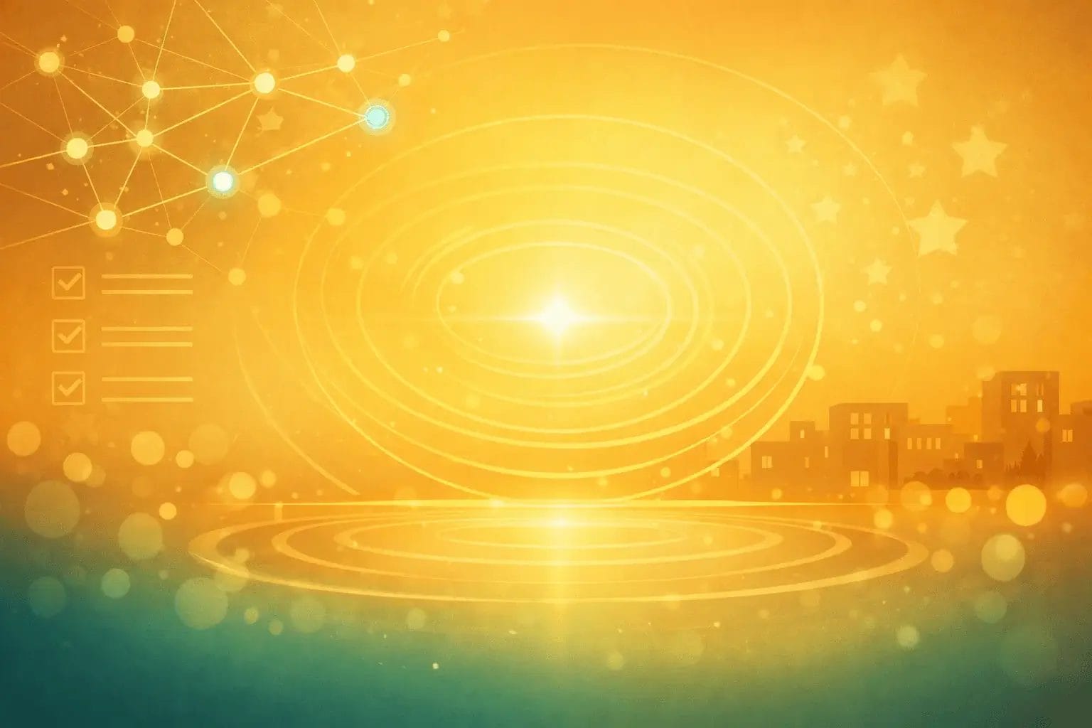 Warm golden gradient background with subtle network nodes and concentric recommendation rings, with soft bokeh and open space for overlaid plan details.